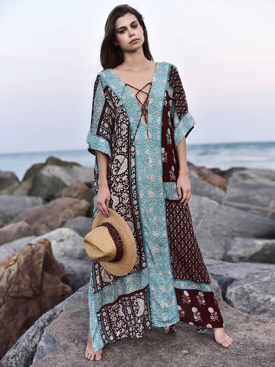 Women Cover Ups Light Sky Blue Printed Lace Up V-Neck Half Sleeves Hig