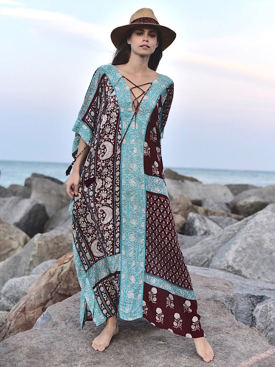 Women Cover Ups Light Sky Blue Printed Lace Up V-Neck Half Sleeves High-slit Summer Sexy Swimwear
