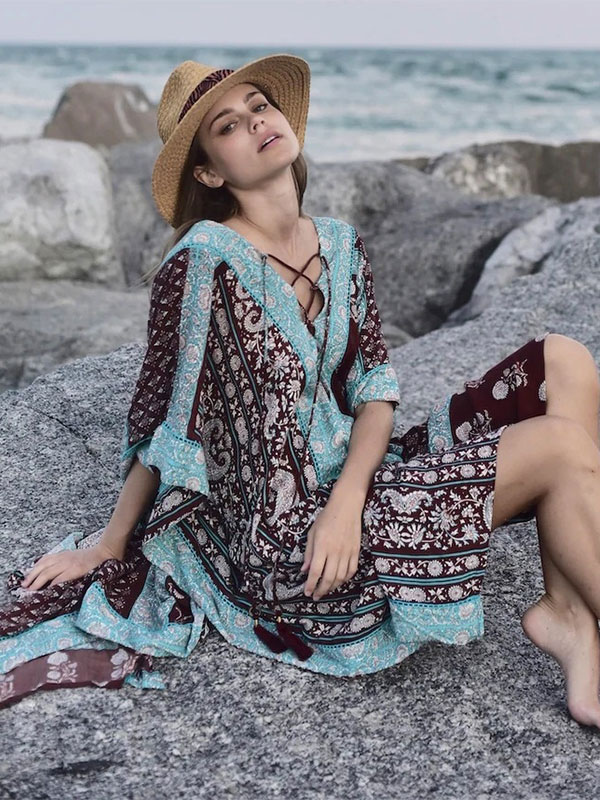 Women Cover Ups Light Sky Blue Printed Lace Up V-Neck Half Sleeves High-slit Summer Sexy Swimwear