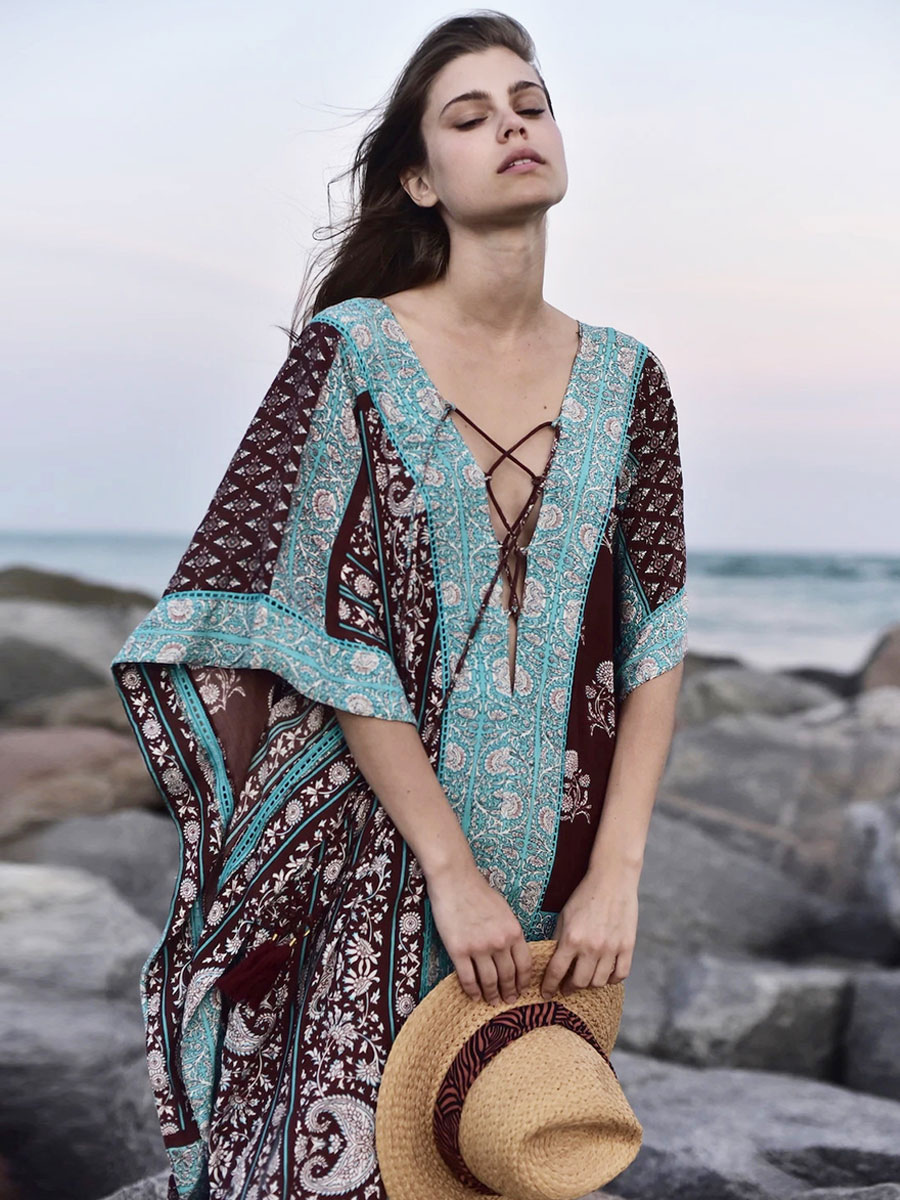 Women Cover Ups Light Sky Blue Printed Lace Up V-Neck Half Sleeves High-slit Summer Sexy Swimwear