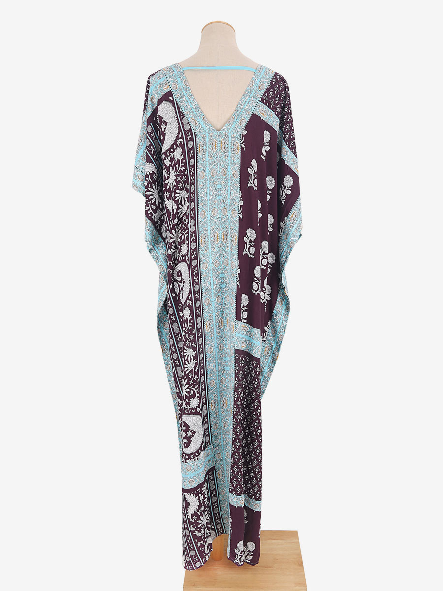 Women Cover Ups Light Sky Blue Printed Lace Up V-Neck Half Sleeves High-slit Summer Sexy Swimwear