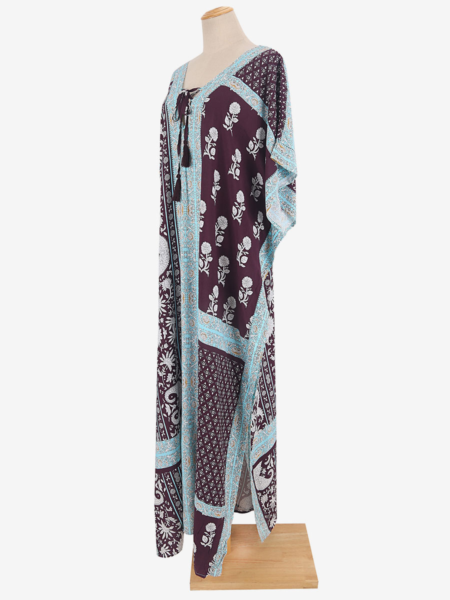 Women Cover Ups Light Sky Blue Printed Lace Up V-Neck Half Sleeves High-slit Summer Sexy Swimwear