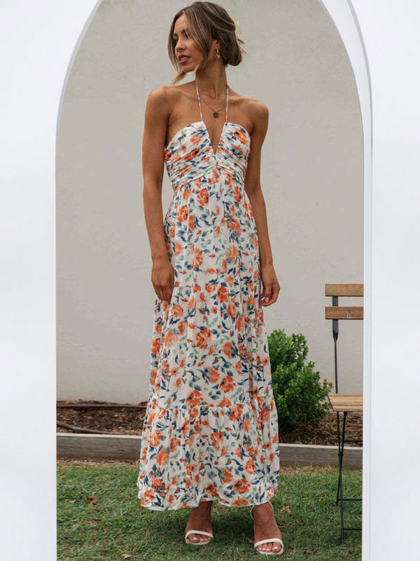 Floral Maxi Dresses Floral Print Strapless Backless Lace Up V-Neck Sle