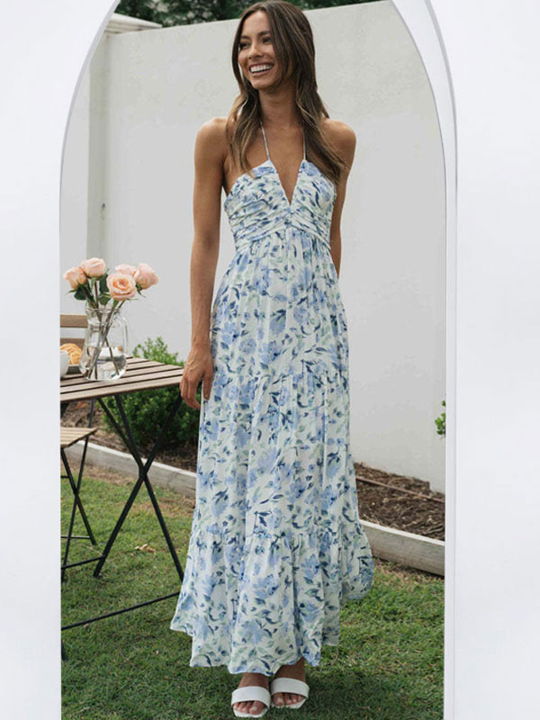 Floral Maxi Dresses Floral Print Strapless Backless Lace Up V-Neck Sleeveless Backless Casual Summer Long Dress