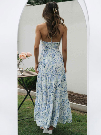 Floral Maxi Dresses Floral Print Strapless Backless Lace Up V-Neck Sleeveless Backless Casual Summer Long Dress