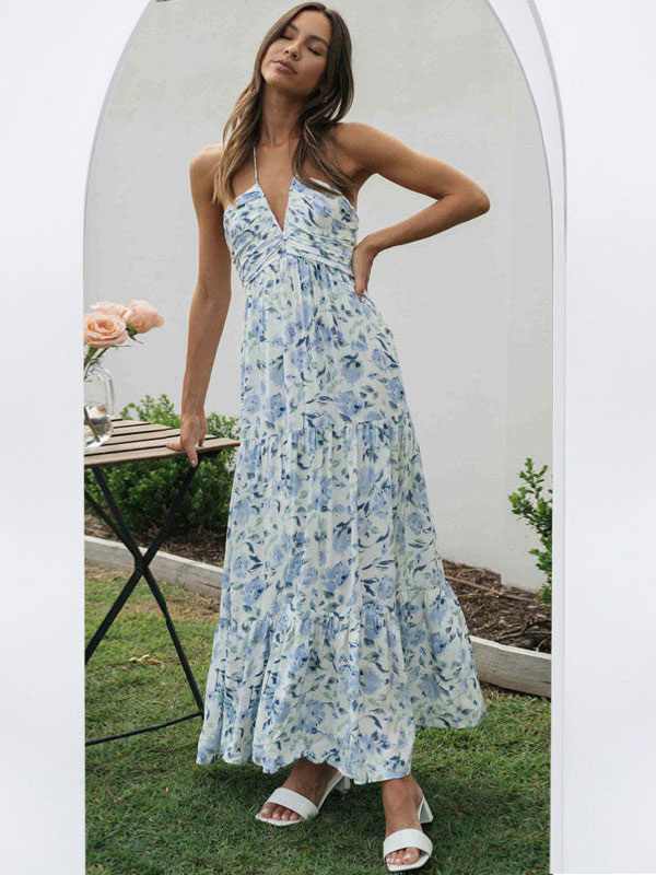 Floral Maxi Dresses Floral Print Strapless Backless Lace Up V-Neck Sleeveless Backless Casual Summer Long Dress