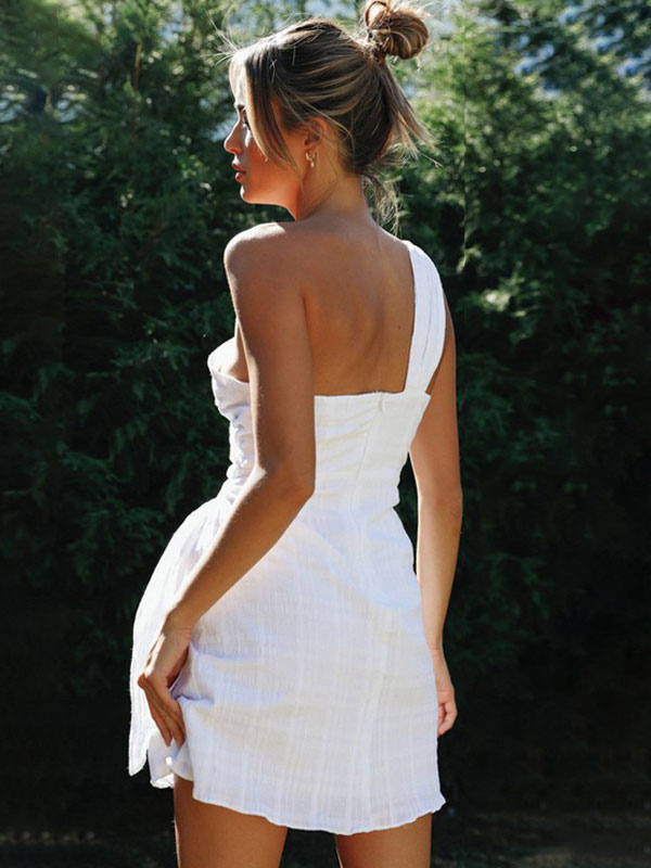 Summer Mini Dresses White One-Shoulder Lace Up Beach Dress
