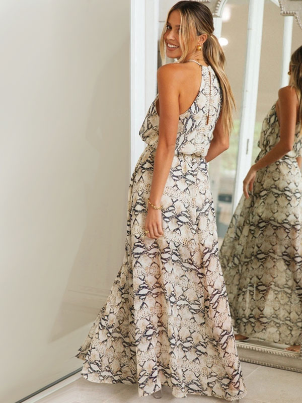 Summer Dress Jewel Neck Snake Print Lace Up High-slit Gray Long Beach Dress