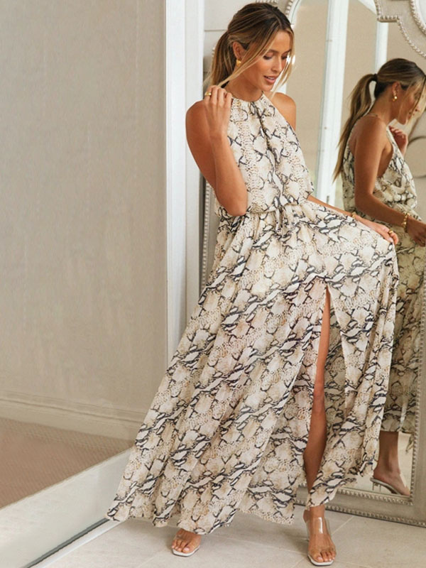 Summer Dress Jewel Neck Snake Print Lace Up High-slit Gray Long Beach Dress