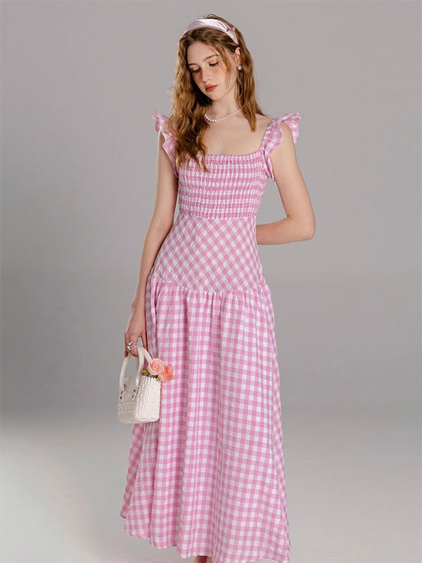 Barbie Pink Gingham Dress Square Neck Plaid Long Summer Beach Dress