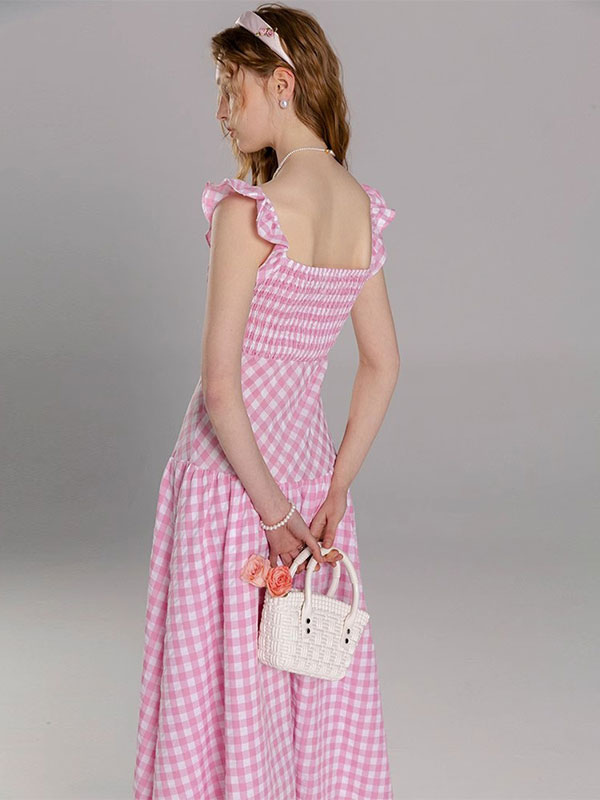 Barbie Pink Gingham Dress Square Neck Plaid Long Summer Beach Dress