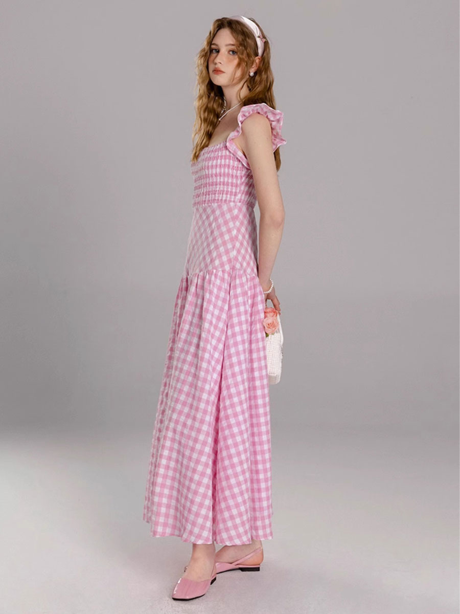 Barbie Pink Gingham Dress Square Neck Plaid Long Summer Beach Dress