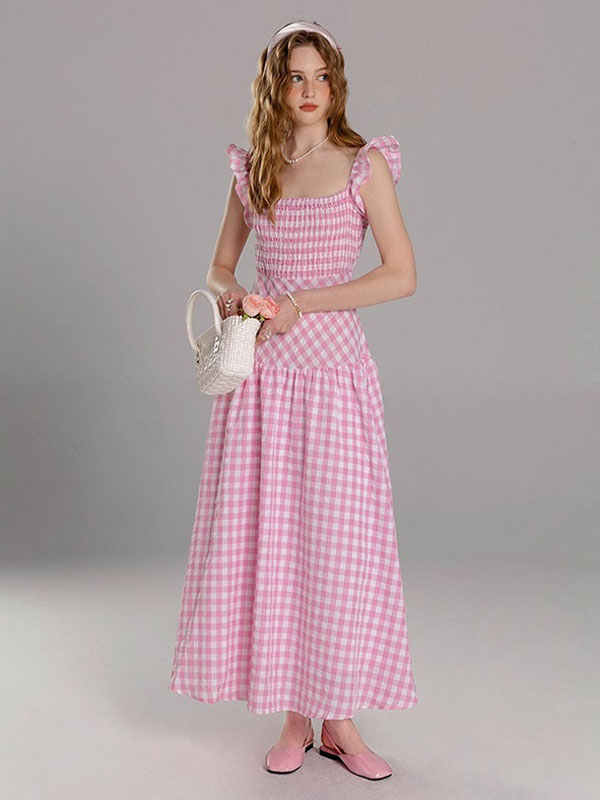 Barbie Pink Gingham Dress Square Neck Plaid Long Summer Beach Dress