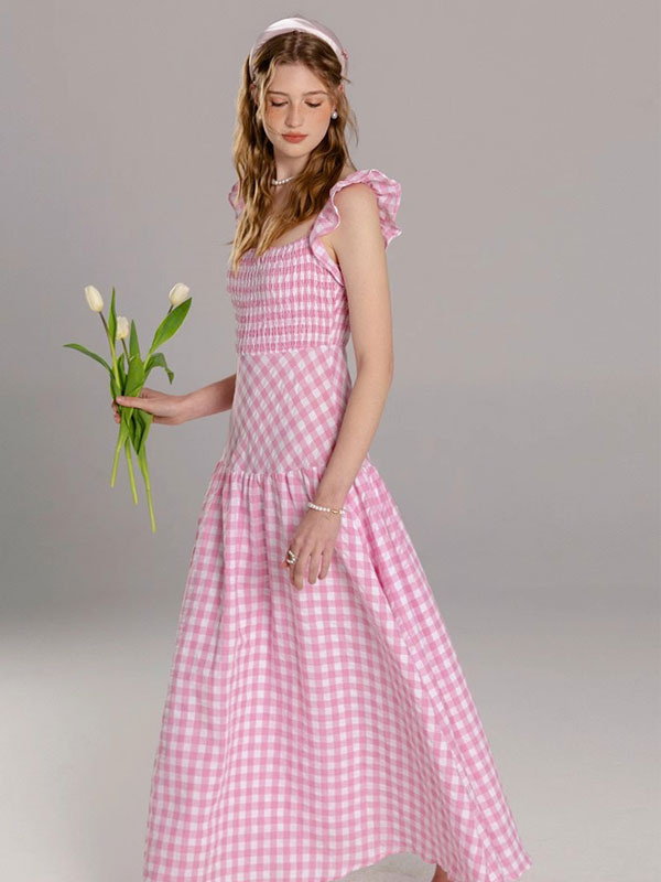 Barbie Pink Gingham Dress Square Neck Plaid Long Summer Beach Dress