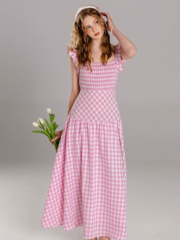 Barbie Pink Gingham Dress Square Neck Plaid Long Summer Beach Dress