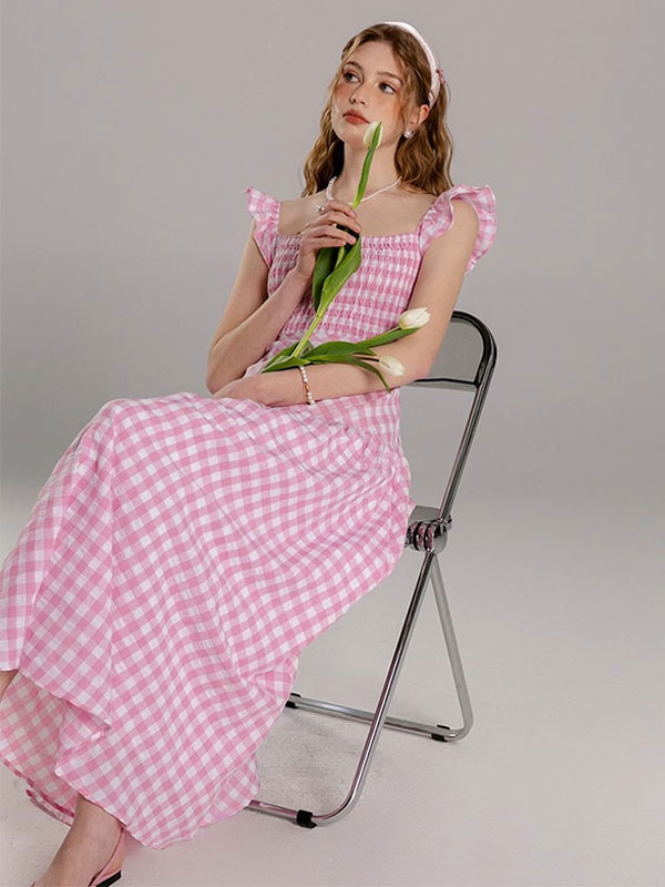 Barbie Pink Gingham Dress Square Neck Plaid Long Summer Beach Dress