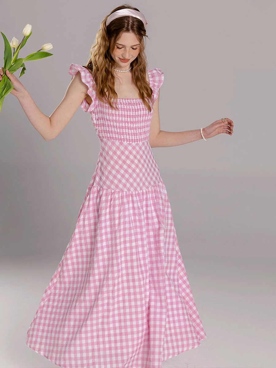 Barbie Pink Gingham Dress Square Neck Plaid Long Summer Beach Dress