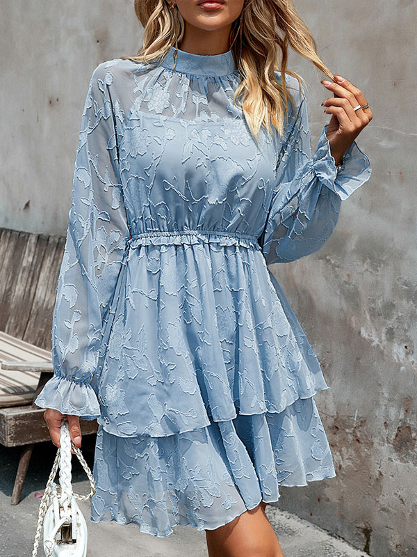 Skater Dresses Jewel Neck Ruffles White Casual Long Sleeves Fit And Flare Dress