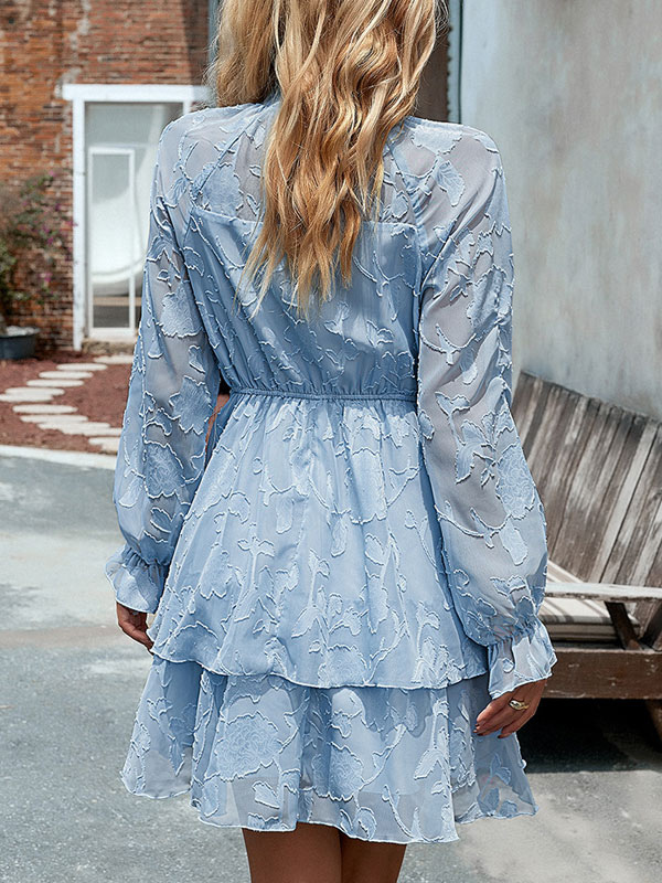 Skater Dresses Jewel Neck Ruffles White Casual Long Sleeves Fit And Flare Dress