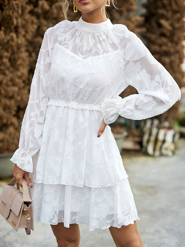 Skater Dresses Jewel Neck Ruffles White Casual Long Sleeves Fit And Flare Dress