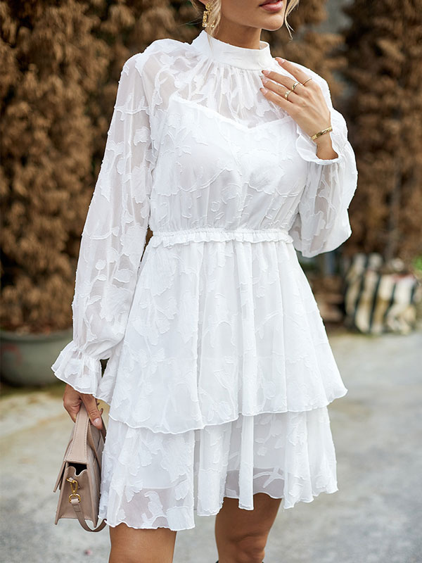 Skater Dresses Jewel Neck Ruffles White Casual Long Sleeves Fit And Flare Dress