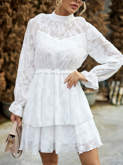 Skater Dresses Jewel Neck Ruffles White Casual Long Sleeves Fit And Flare Dress