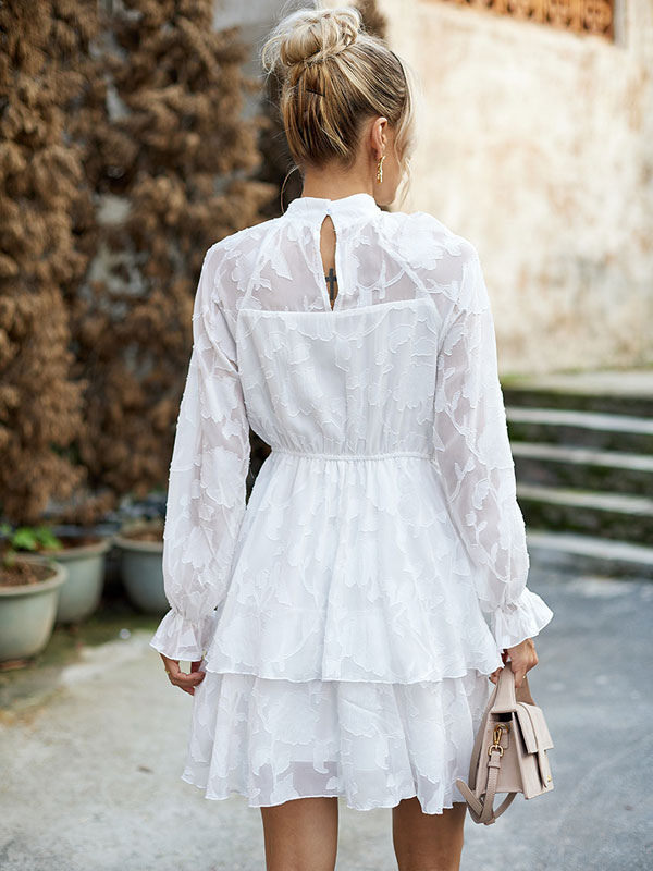 Skater Dresses Jewel Neck Ruffles White Casual Long Sleeves Fit And Flare Dress