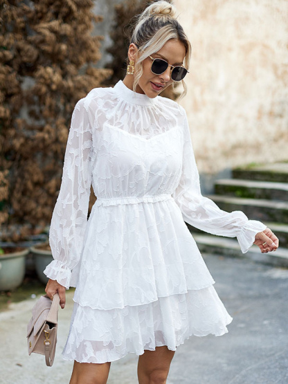 Skater Dresses Jewel Neck Ruffles White Casual Long Sleeves Fit And Flare Dress
