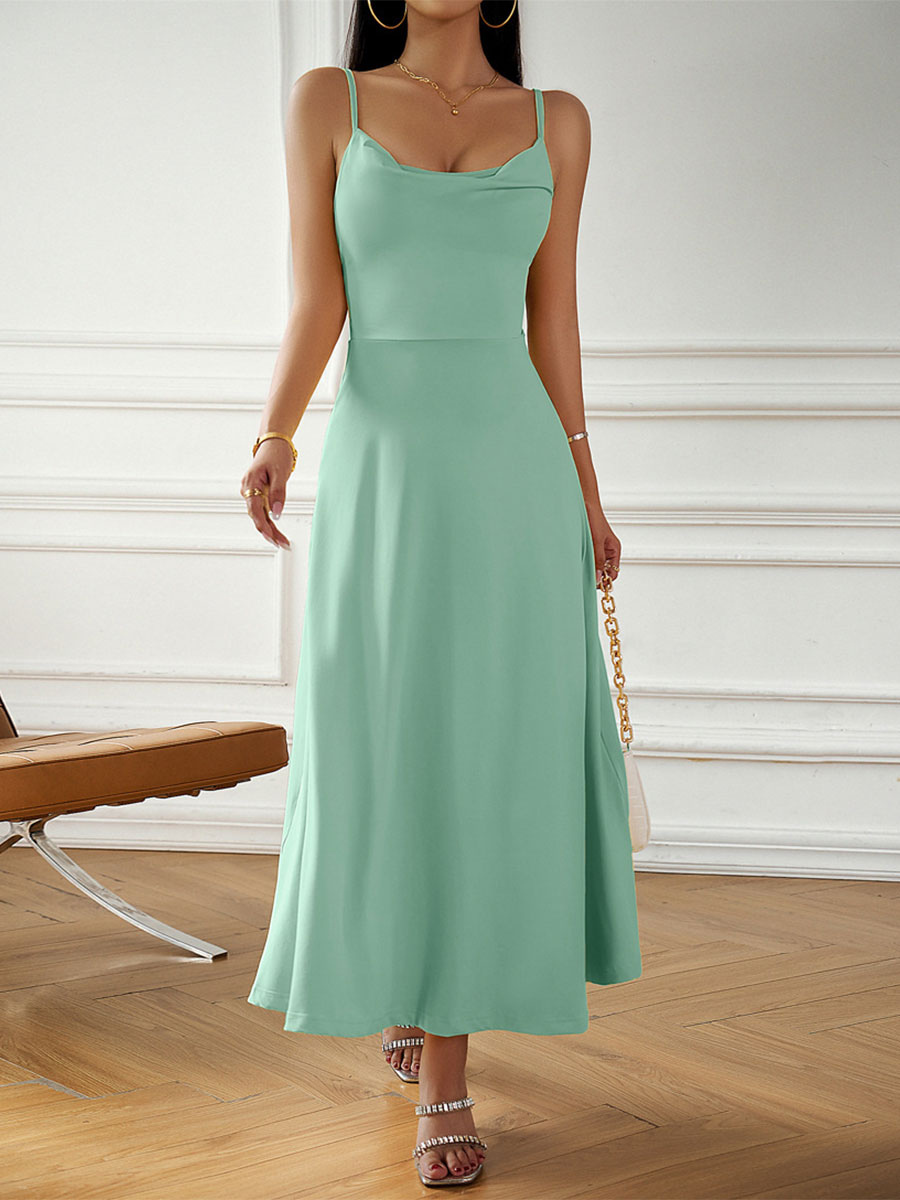 Summer Dress Cowl Neck Lace Up Backless Black Long Beach Dress