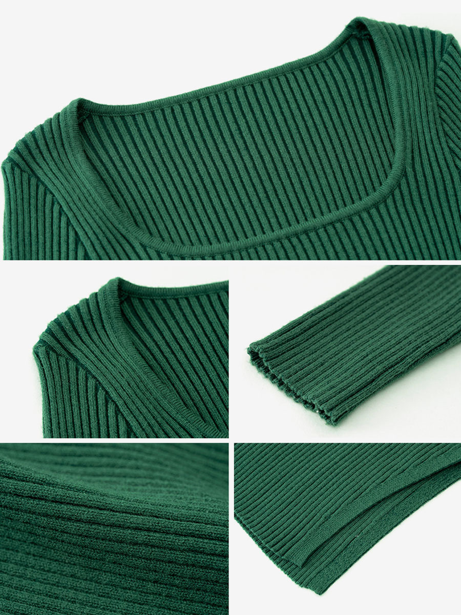 Women's Knitted Dress Beautiful Acrylic Long Sleeves Low-slit Square Neck