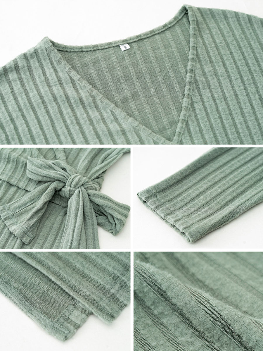 Knitted Dress For Women Beautiful Lace Up Long Sleeves Low-slit V-Neck Dresses