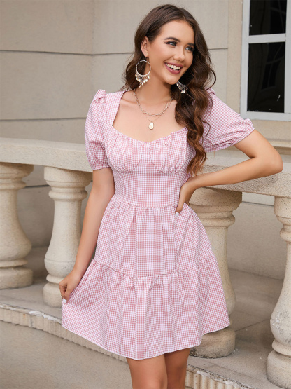 Summer Dresses Barbie Pink Gingham Sweetheart Neck Plaid Mini Dress