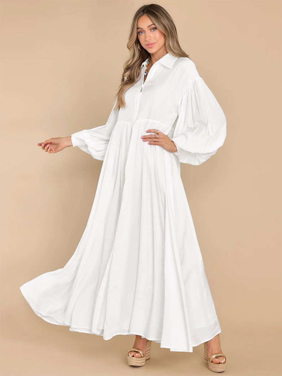 Maxi Dress White Turndown Collar Long Sleeves Oversized Shirt Dress