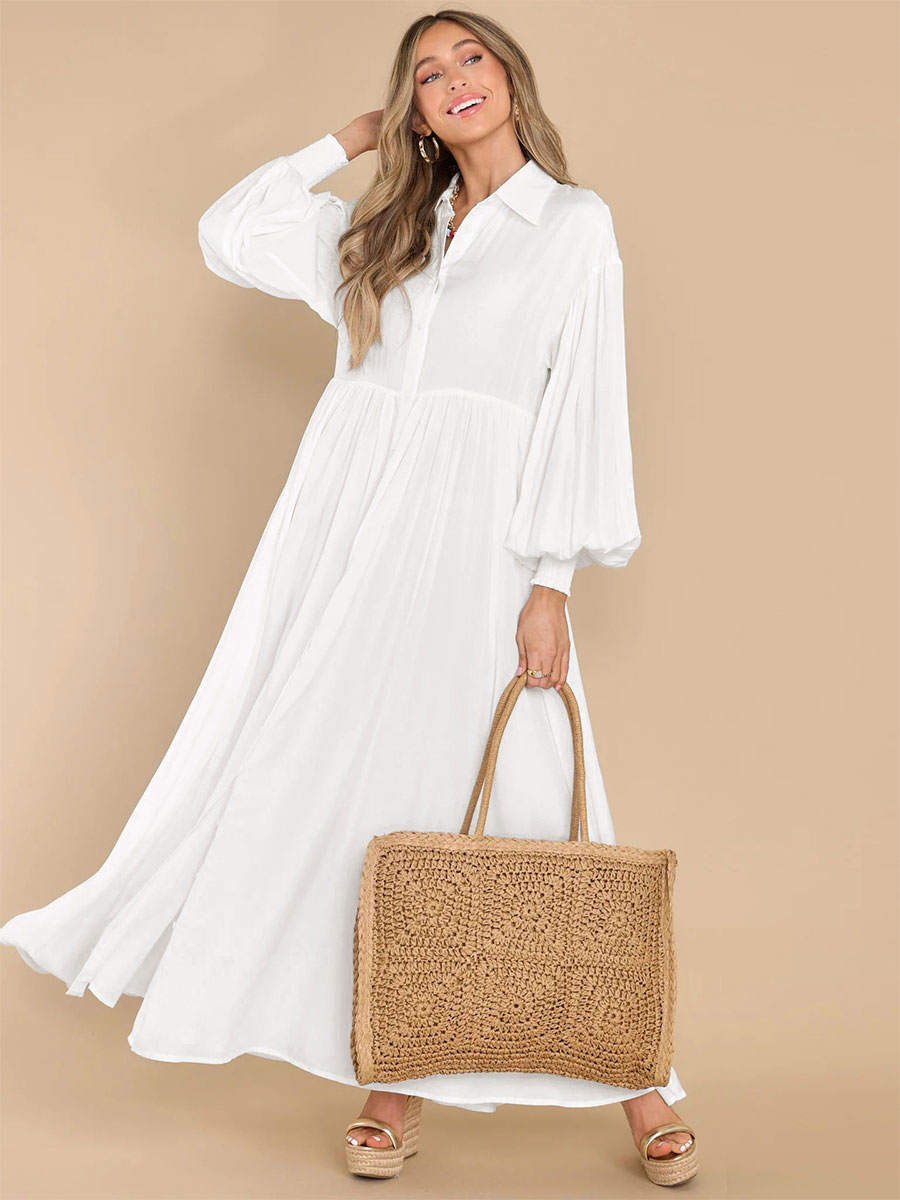 Maxi Dress White Turndown Collar Long Sleeves Oversized Shirt Dress