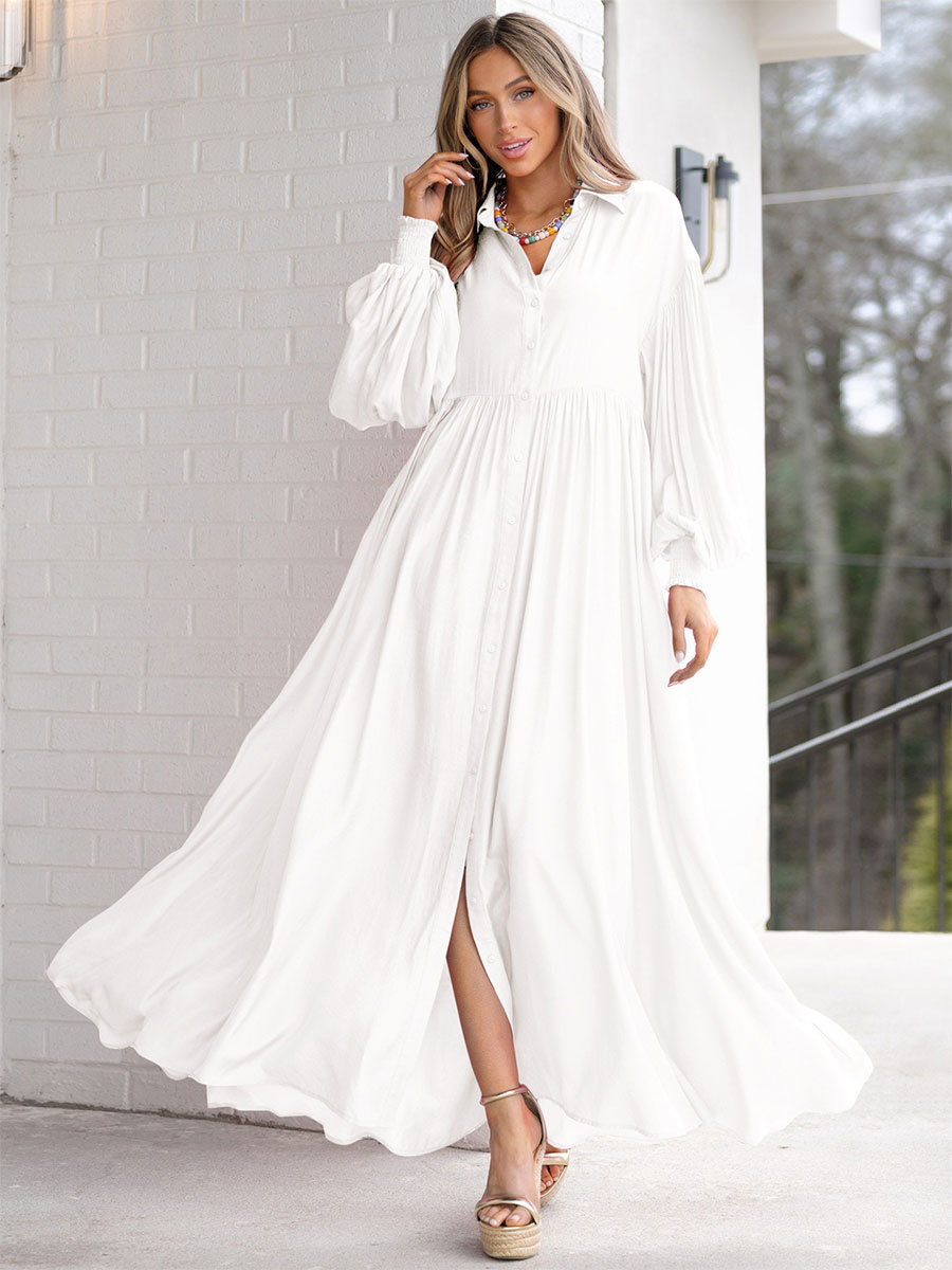 Maxi Dress White Turndown Collar Long Sleeves Oversized Shirt Dress