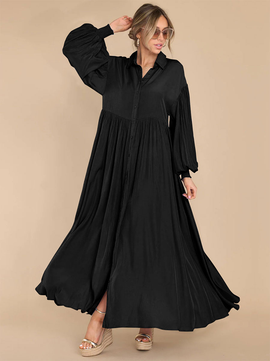 Maxi Dress White Turndown Collar Long Sleeves Oversized Shirt Dress