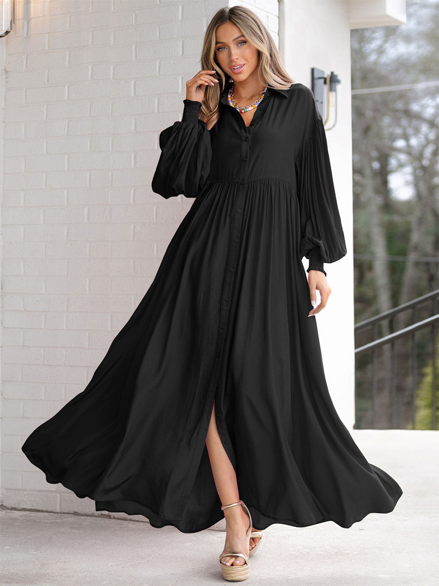 Maxi Dress White Turndown Collar Long Sleeves Oversized Shirt Dress