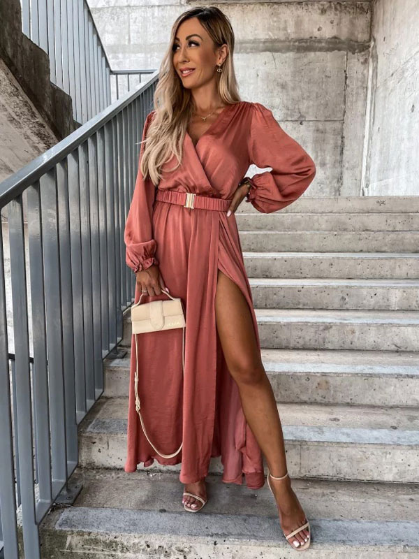 Long Sleeves Dresses V-Neck Casual Maxi Dress For Women