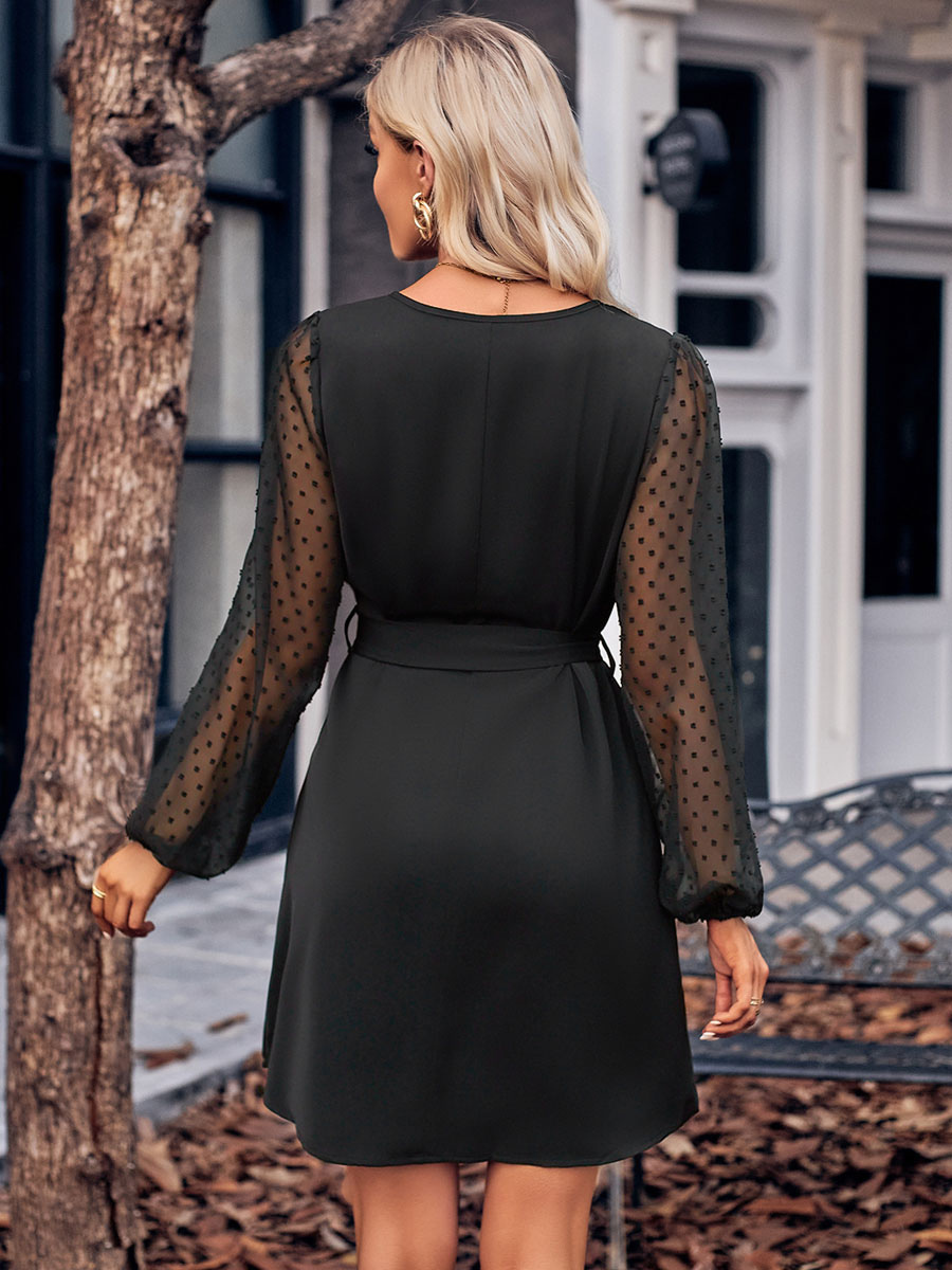 Skater Dresses V-Neck Long Sleeves Casual Mini Dress