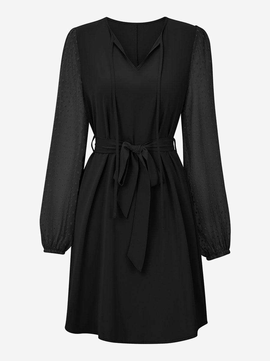 Skater Dresses V-Neck Long Sleeves Casual Mini Dress