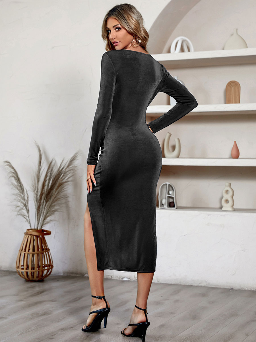 Bodycon Dresses Black Jewel Neck Cut Out Sexy Long Sleeves Midi Dress