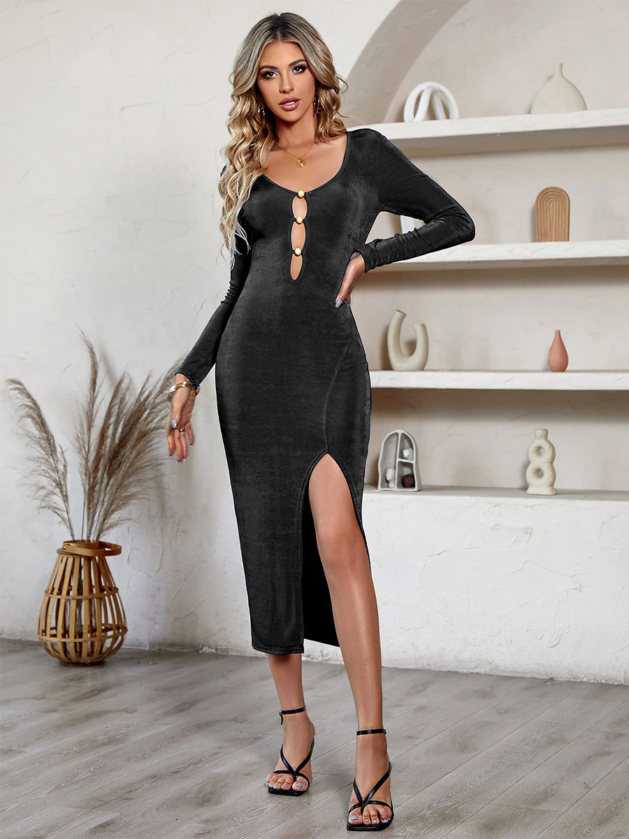 Bodycon Dresses Black Jewel Neck Cut Out Sexy Long Sleeves Midi Dress