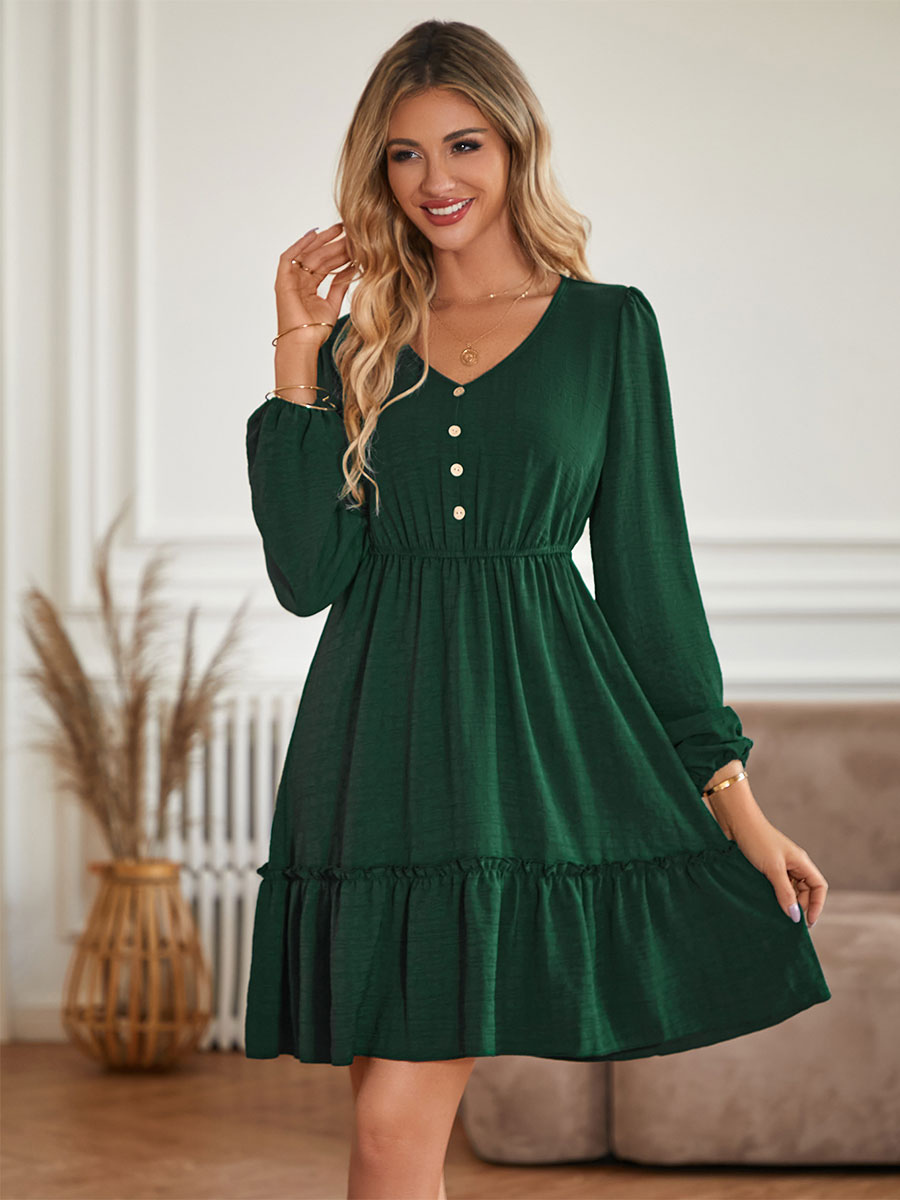 Skater Dresses V-Neck Long Sleeves Layered Casual Mini Flared Dress
