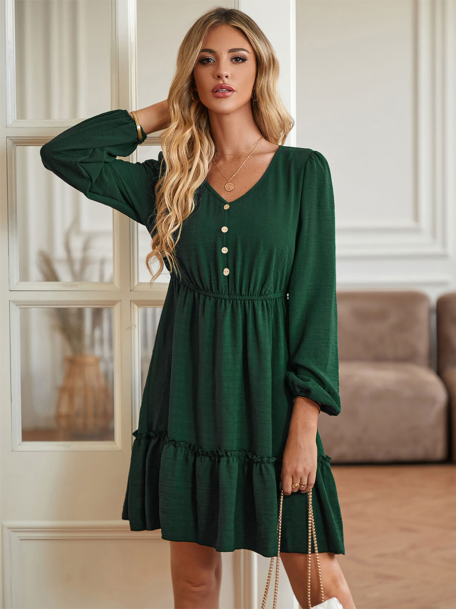 Skater Dresses V-Neck Long Sleeves Layered Casual Mini Flared Dress
