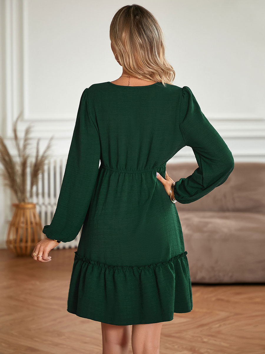 Skater Dresses V-Neck Long Sleeves Layered Casual Mini Flared Dress