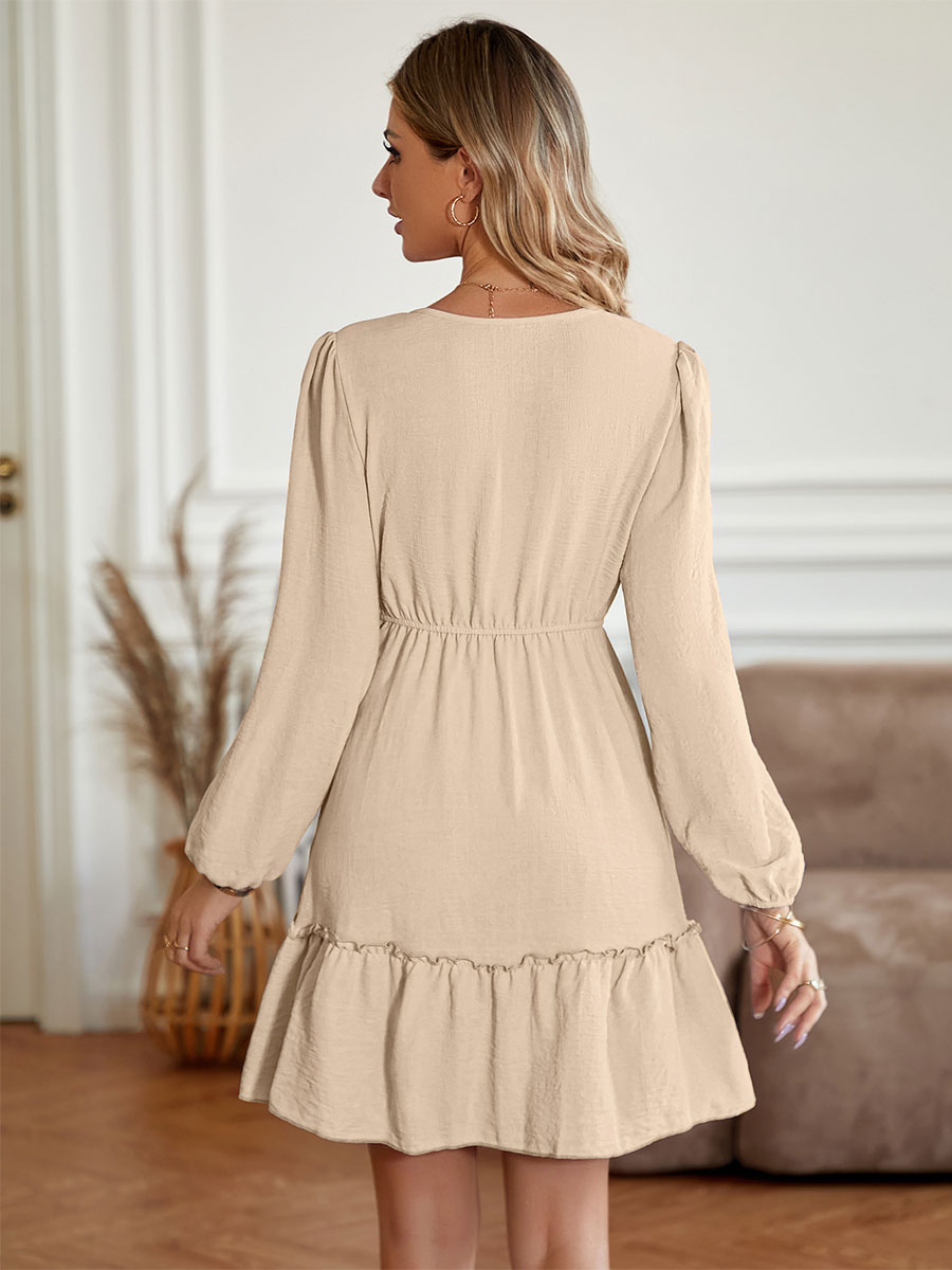Skater Dresses V-Neck Long Sleeves Layered Casual Mini Flared Dress