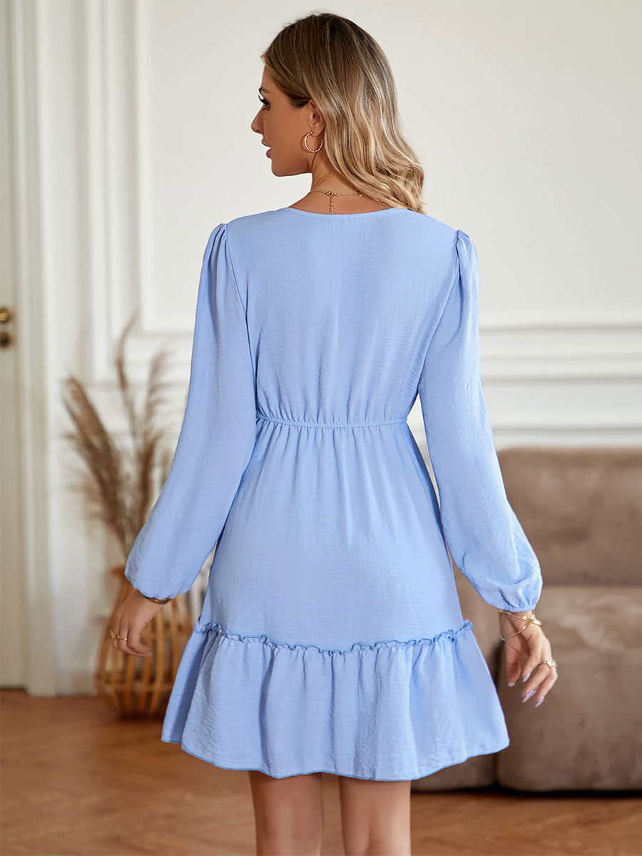 Skater Dresses V-Neck Long Sleeves Layered Casual Mini Flared Dress