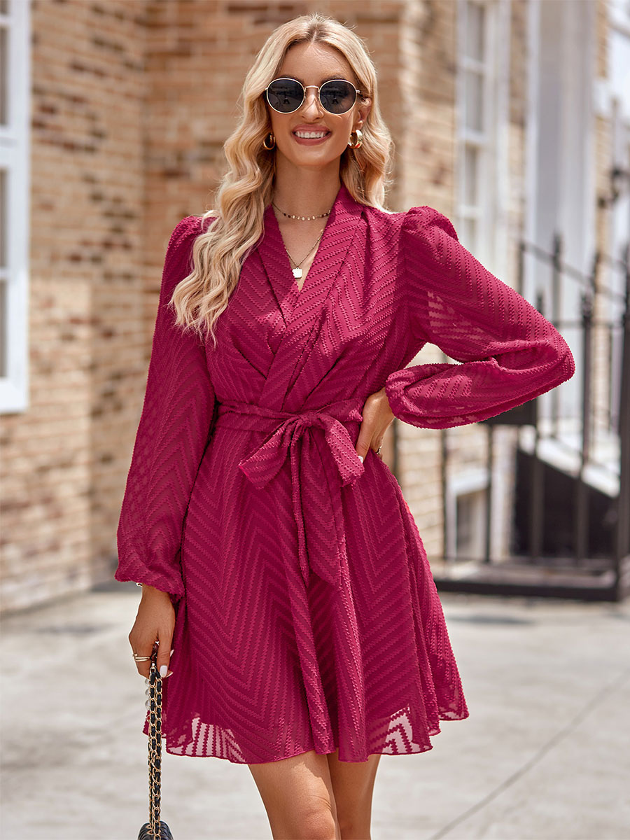 Skater Dresses V-Neck Long Sleeves Lace Up Chic Mini Dress