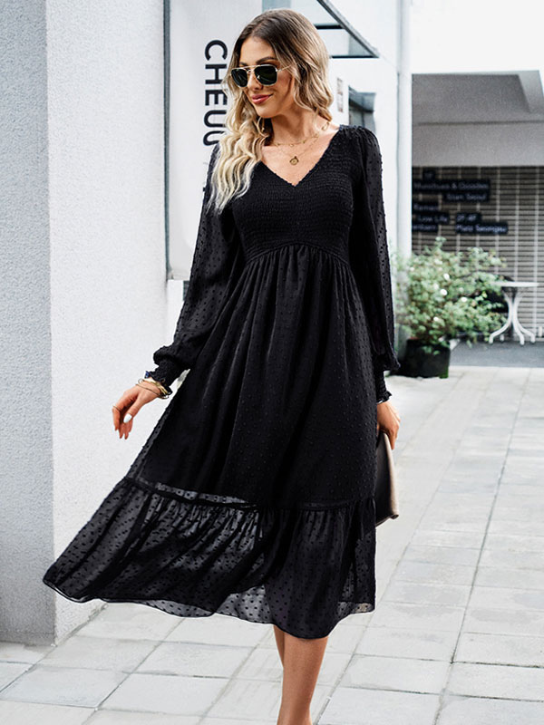 Midi Dress Layered V-Neck Long Sleeves Fall Dresses