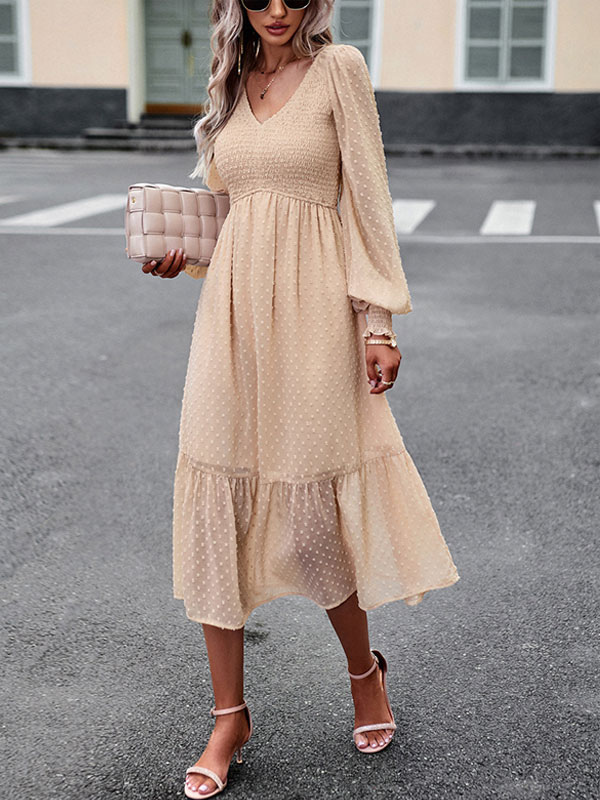 Midi Dress Layered V-Neck Long Sleeves Fall Dresses